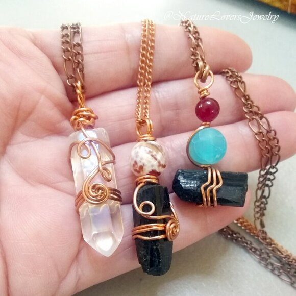Mixed Gemstone Beads Pendant & Copper Chain: Black Tourmaline + Fire Agate - Picture 7 of 7